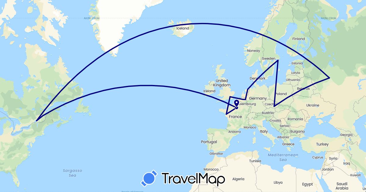 TravelMap itinerary: driving in Belgium, Canada, Czech Republic, France, United Kingdom, Netherlands, Russia, Sweden (Europe, North America)